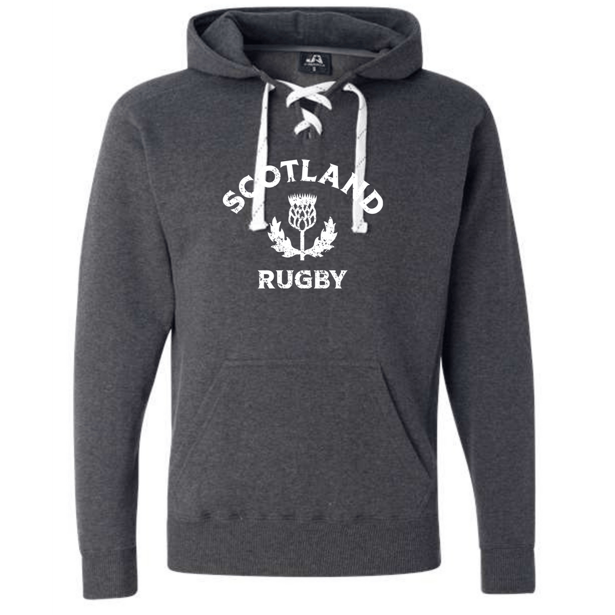 The WRS S&S Activewear Nations of Rugby Scotland Rugby Hockey Hoodie is a dark grey hoodie with white drawstrings, "Scotland Rugby" and a thistle emblem on the chest—ideal for fans wanting comfort and style. Made to order.