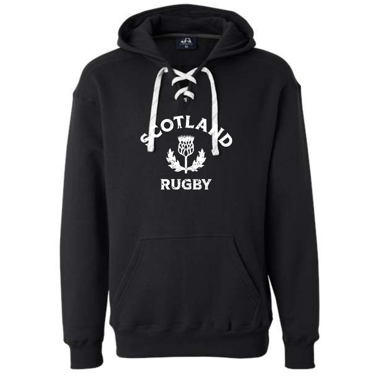 Made to order by WRS S&S Activewear, the Nations of Rugby Scotland Rugby Hockey Hoodie features a black lace-up hockey style, "Scotland Rugby" text with a white thistle logo, front pocket, and drawstring hood.