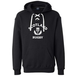 Made to order by WRS S&S Activewear, the Nations of Rugby Scotland Rugby Hockey Hoodie features a black lace-up hockey style, "Scotland Rugby" text with a white thistle logo, front pocket, and drawstring hood.
