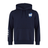 The EMB Canterbury Scotland Shield Club Hoodie is navy blue with a white and blue shield emblem on the chest, ideal for rugby fans. It features three white stripes on the right sleeve, offering comfort and warmth with its cozy sweatshirt fleece.