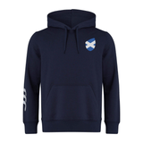 The EMB Canterbury Scotland Shield Club Hoodie is navy blue with a white and blue shield emblem on the chest, ideal for rugby fans. It features three white stripes on the right sleeve, offering comfort and warmth with its cozy sweatshirt fleece.