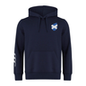 The EMB Canterbury Scotland Shield Club Hoodie is navy blue with a white and blue shield emblem on the chest, ideal for rugby fans. It features three white stripes on the right sleeve, offering comfort and warmth with its cozy sweatshirt fleece.