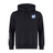 The Scotland Shield Club Hoodie by EMB Canterbury is a black sweatshirt fleece hoodie with a hood, drawstrings, and front pocket. It features a blue and white saltire shield on the chest and a sporty three-stripe design on the left sleeve for rugby fans.