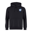 The Scotland Shield Club Hoodie by EMB Canterbury is a black sweatshirt fleece hoodie with a hood, drawstrings, and front pocket. It features a blue and white saltire shield on the chest and a sporty three-stripe design on the left sleeve for rugby fans.