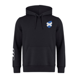 The Scotland Shield Club Hoodie by EMB Canterbury is a black sweatshirt fleece hoodie with a hood, drawstrings, and front pocket. It features a blue and white saltire shield on the chest and a sporty three-stripe design on the left sleeve for rugby fans.