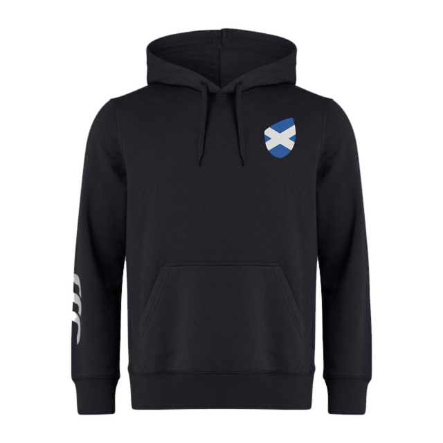 The Scotland Shield Club Hoodie by EMB Canterbury is a black sweatshirt fleece hoodie with a hood, drawstrings, and front pocket. It features a blue and white saltire shield on the chest and a sporty three-stripe design on the left sleeve for rugby fans.