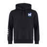 The Scotland Shield Club Hoodie by EMB Canterbury is a black sweatshirt fleece hoodie with a hood, drawstrings, and front pocket. It features a blue and white saltire shield on the chest and a sporty three-stripe design on the left sleeve for rugby fans.