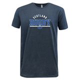 A Nations of Rugby Scotland Wordmark Supersoft Tee by WRS LAT in dark blue, featuring the text "Scotland Rugby" printed boldly on the front in white and blue letters.
