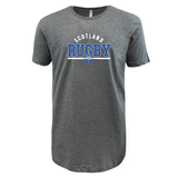 The Nations of Rugby Scotland Wordmark Supersoft Tee by WRS LAT is a grey, incredibly soft t-shirt that showcases "Scotland Rugby" in white and blue letters on the front, accompanied by a thistle emblem below the text. It’s an ideal choice for devoted fans of Nations of Rugby.