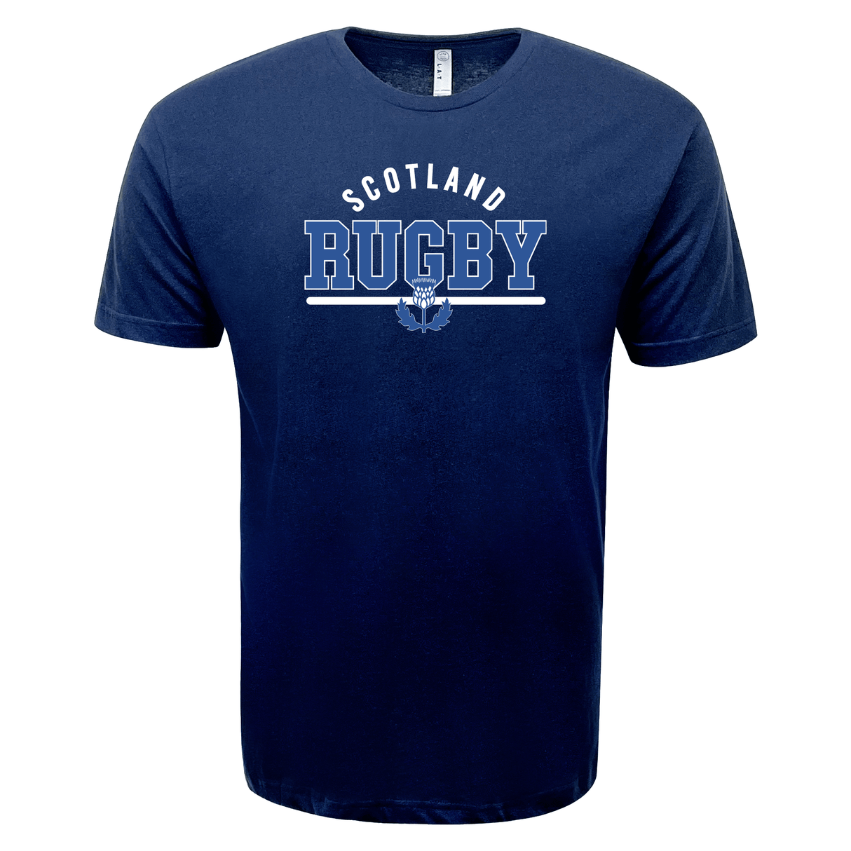A navy blue WRS LAT Nations of Rugby Scotland Wordmark Supersoft Tee featuring "Scotland Rugby" and a small thistle graphic printed in white on the front.