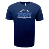 A navy blue WRS LAT Nations of Rugby Scotland Wordmark Supersoft Tee featuring "Scotland Rugby" and a small thistle graphic printed in white on the front.