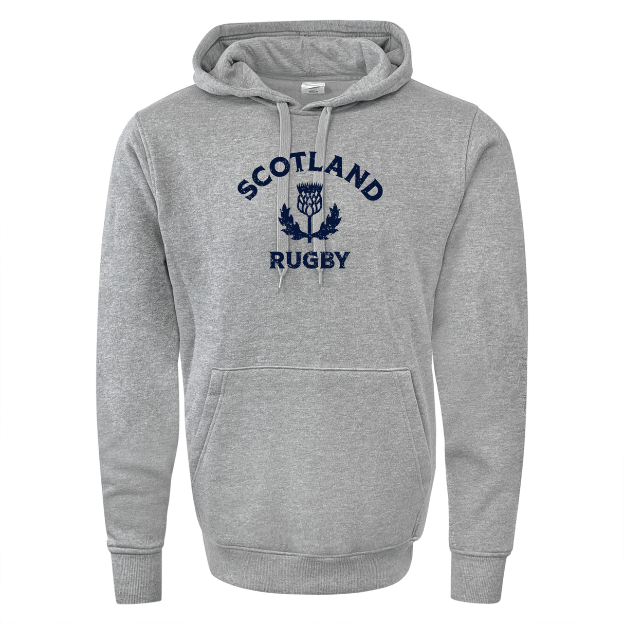 The medium-weight Nations of Rugby Scotland Rugby 60/40 Pullover Hoodie by WRS Augusta features a front pocket, drawstrings, and "Scotland Rugby" written in blue along with a thistle emblem on the chest.