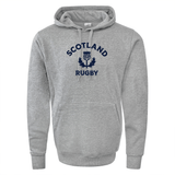 The medium-weight Nations of Rugby Scotland Rugby 60/40 Pullover Hoodie by WRS Augusta features a front pocket, drawstrings, and "Scotland Rugby" written in blue along with a thistle emblem on the chest.