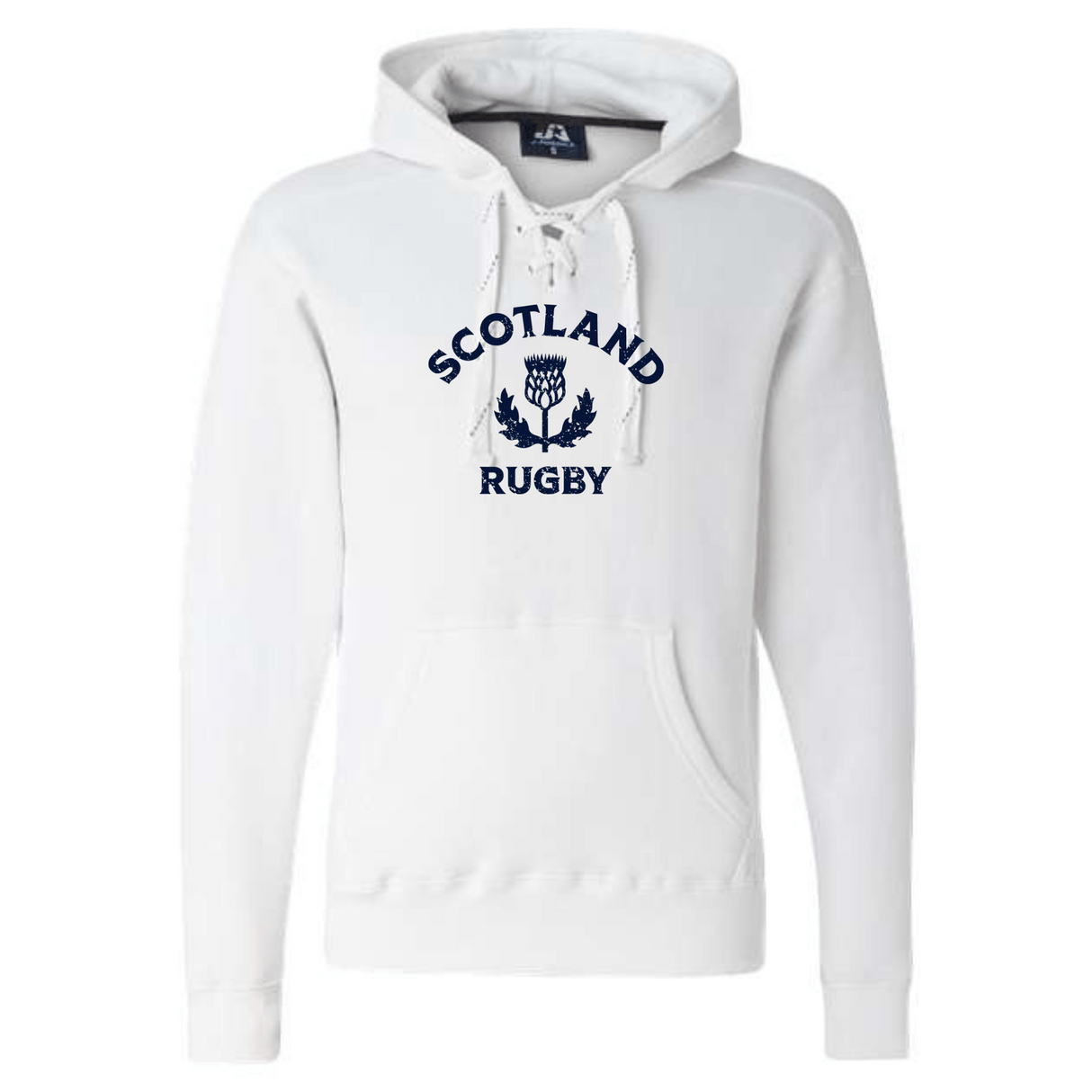 White medium-weight WRS Augusta Nations of Rugby Scotland Rugby 60/40 Pullover Hoodie featuring the text "Scotland Rugby" and a thistle logo on the front. The athletic fleece hoodie has a drawstring hood and a front pocket.
