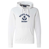 White medium-weight WRS Augusta Nations of Rugby Scotland Rugby 60/40 Pullover Hoodie featuring the text "Scotland Rugby" and a thistle logo on the front. The athletic fleece hoodie has a drawstring hood and a front pocket.