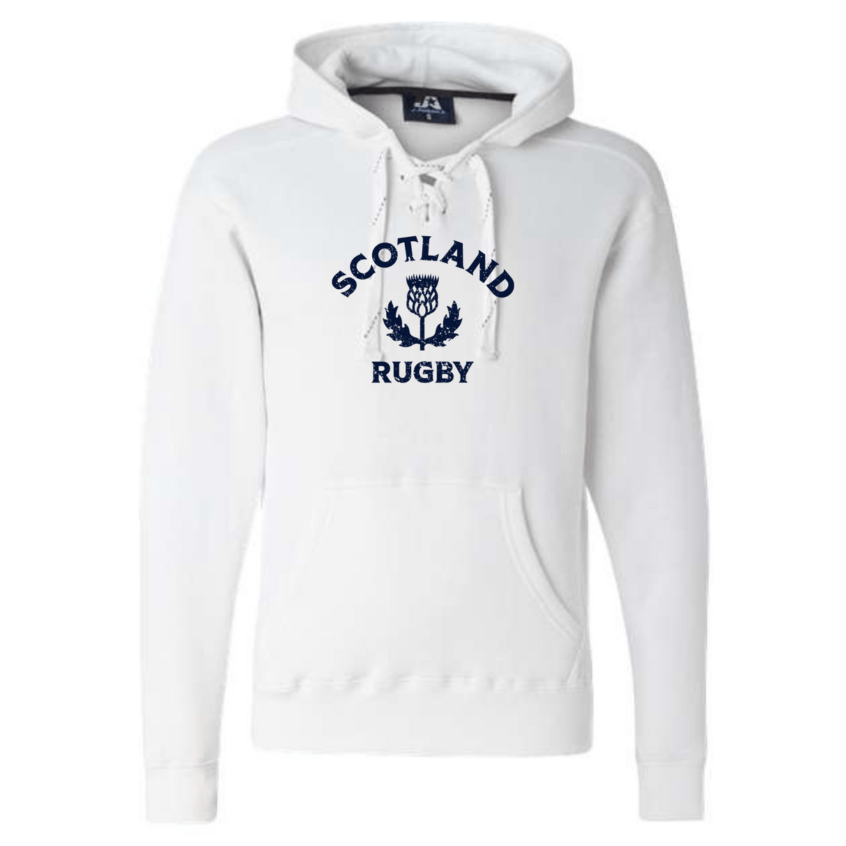 The WRS S&S Activewear Nations of Rugby Scotland Rugby Hockey Hoodie features "Scotland Rugby" and a navy thistle emblem on the chest—a made-to-order white hoodie offering fans comfort and style.