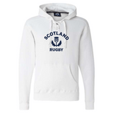 The WRS S&S Activewear Nations of Rugby Scotland Rugby Hockey Hoodie features "Scotland Rugby" and a navy thistle emblem on the chest—a made-to-order white hoodie offering fans comfort and style.