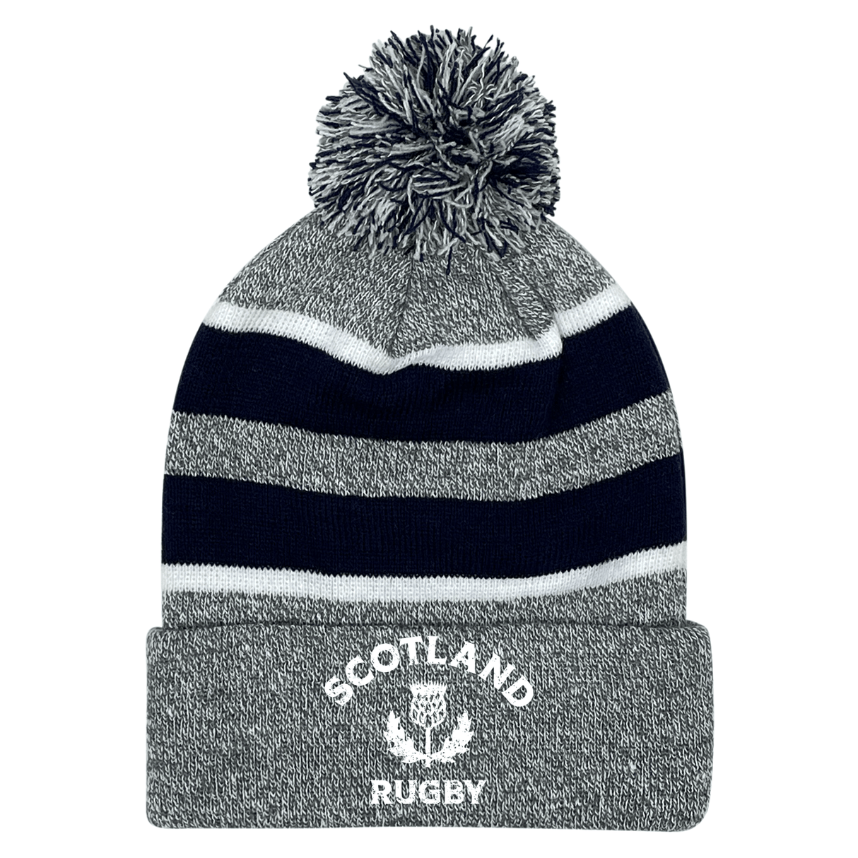 Embroidered Nations of Rugby Scotland Hooped Pom-Pom Beanie by EMB Augusta.