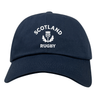 The EMB S&S Activewear Nations of Rugby Scotland Dad Cap is a navy blue cotton twill hat with "Scotland Rugby" and a white thistle emblem embroidered on the front.