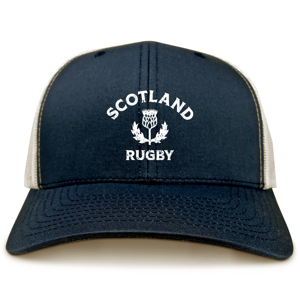 Nations of Rugby Scotland Retro Trucker Cap with rugby design by EMB Alpha Broder.