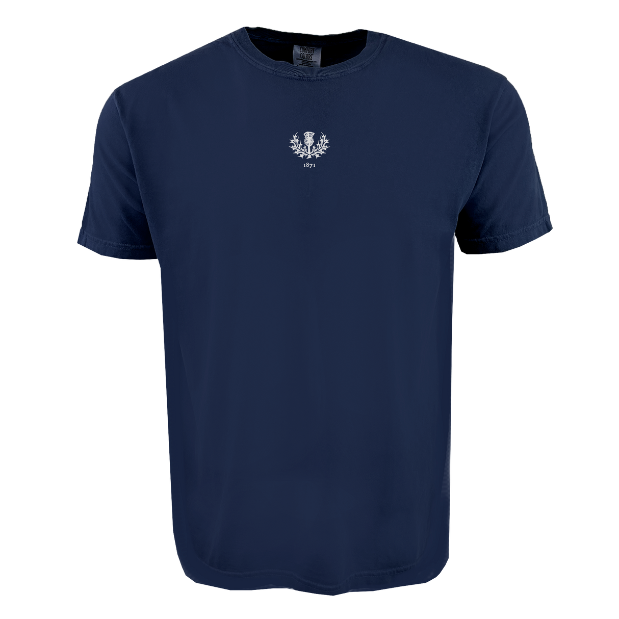 The Scotland Vintage Comfort Tee by EMB S&S Activewear is a plain navy blue shirt featuring an embroidered white laurel wreath and "1879" printed on the upper chest—a classic pick for rugby fans.