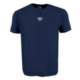 The Scotland Vintage Comfort Tee by EMB S&S Activewear is a plain navy blue shirt featuring an embroidered white laurel wreath and "1879" printed on the upper chest—a classic pick for rugby fans.