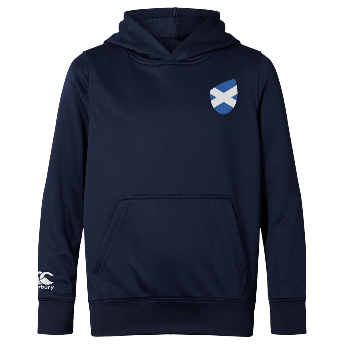 The EMB Canterbury Scotland Shield Club Lightweight Hoodie in navy blue is ideal for rugby fans, featuring a small Scottish flag on the chest and a white logo on the left sleeve.