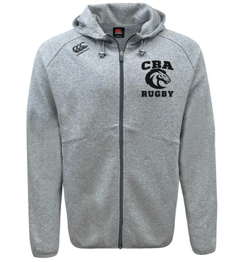 A grey CBA Rugby Tonal Embroidered Canterbury Tempo Full-Zip Hoody with the words EMB Canterbury on it, featuring moisture-wicking technology for maximum comfort during intense workouts.