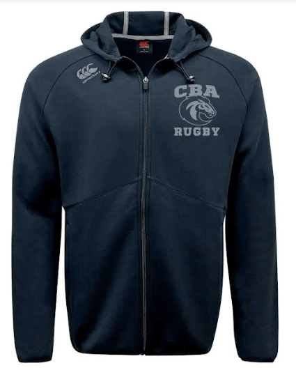 A navy hoody with the words cba rugby on it. This EMB Canterbury CBA Rugby Tonal Embroidered Canterbury Tempo Full-Zip Hoody features moisture-wicking technology to keep you dry during intense workouts.