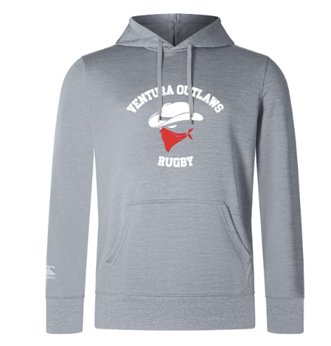 The Ventura Outlaws Rugby Club Lightweight Hoodie by WRS Canterbury is a gray hooded sweatshirt that has "Ventura Outlaws Rugby" written on the front, featuring an image of a hat and bandana, along with a convenient kangaroo pocket for added comfort.
