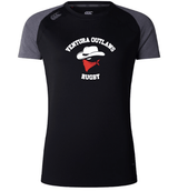 Introducing the Ventura Outlaws Rugby Women's Elite Training Tee by Canterbury from WRS Canterbury—a lightweight black and dark gray raglan t-shirt showcasing the "Ventura Outlaw's Rugby" logo adorned with an illustrated cowboy hat and red bandana. Part of our Elite Training Tee collection, it is crafted with Vapodri technology for optimal performance.