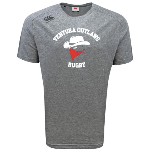 The Ventura Outlaws Rugby Tempo Vapodri T-Shirt by WRS Canterbury features a sleek grey design with "Ventura Outlaws Rugby" text and VapoDri technology. Pair it with a white hat and red bandana logo for a stylish, moisture-wicking ensemble that keeps you comfortable all day long.
