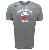 The Ventura Outlaws Rugby Tempo Vapodri T-Shirt by WRS Canterbury features a sleek grey design with "Ventura Outlaws Rugby" text and VapoDri technology. Pair it with a white hat and red bandana logo for a stylish, moisture-wicking ensemble that keeps you comfortable all day long.