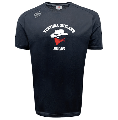 The Ventura Outlaws Rugby Tempo Vapodri T-Shirt by Canterbury, offered by WRS Canterbury, is a black rugby shirt featuring the "Ventura Outlaws Rugby" text and a logo showcasing a hat and bandana. It's designed with VapoDri technology to ensure you stay cool and dry.