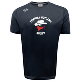 The Ventura Outlaws Rugby Tempo Vapodri T-Shirt by Canterbury, offered by WRS Canterbury, is a black rugby shirt featuring the "Ventura Outlaws Rugby" text and a logo showcasing a hat and bandana. It's designed with VapoDri technology to ensure you stay cool and dry.