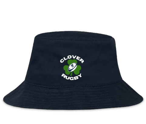 The Clover Blue Eagles Rugby Crusher Bucket Cap by EMB S&S Activewear is a navy cotton twill hat featuring a rugby ball and shamrock Clover Rugby logo on the front, combining style with sun protection.