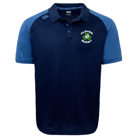 Navy and blue rugby shirt featuring the "Clover Blue Eagles" logo on the chest, expertly crafted by EMB Canterbury using lightweight and durable Vapodri fabrics.
