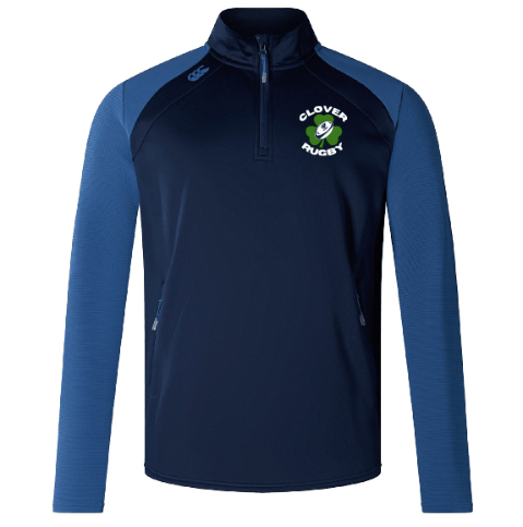 Introducing the Clover Blue Eagles Rugby Elite First Layer by Canterbury—a top-notch piece of rugby training attire. This navy and blue long-sleeve pullover features a quarter-zip and proudly displays the "Clover Rugby" logo on the chest. Designed by EMB Canterbury, it incorporates VapoDri technology to keep you comfortable and dry during even the most intense sessions.