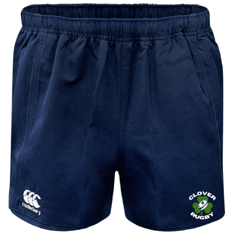 Clover Blue Eagles Advantage Rugby Shorts by Canterbury in navy blue, featuring an elastic waistband and adorned with the EMB Canterbury logo alongside the "Clover Blue Eagles" emblem on the front.