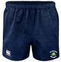 Clover Blue Eagles Advantage Rugby Shorts by Canterbury in navy blue, featuring an elastic waistband and adorned with the EMB Canterbury logo alongside the "Clover Blue Eagles" emblem on the front.