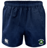Clover Blue Eagles Advantage Rugby Shorts by Canterbury in navy blue, featuring an elastic waistband and adorned with the EMB Canterbury logo alongside the "Clover Blue Eagles" emblem on the front.