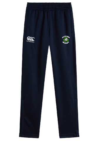The Clover Blue Eagles Rugby Leisure Sweatpant by EMB Canterbury is made with sustainable fleece in navy blue and features a white Canterbury logo alongside a green Clover Rugby emblem on the front.
