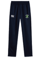 The Clover Blue Eagles Rugby Leisure Sweatpant by EMB Canterbury is made with sustainable fleece in navy blue and features a white Canterbury logo alongside a green Clover Rugby emblem on the front.