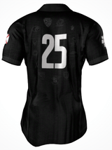 The Alabama Rugby Alliance Gilbert Pro Fit Jersey by Custom GIL AXI features black short sleeves, white #25 on the back, subtle crest details, and a white logo on the right sleeve. Pre-order now—ships after production. Order closes 8/1.