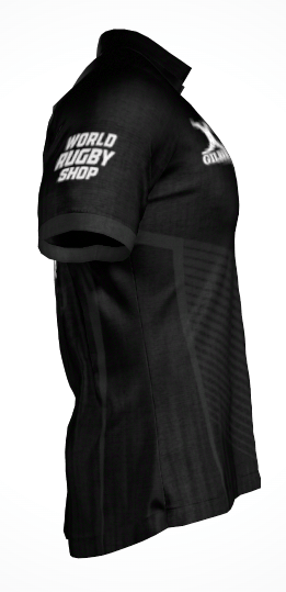 Alabama Rugby Alliance Gilbert Pro Fit Jersey by Custom GIL AXI, black short-sleeve with "World Rugby Shop" and "Gilbert" logos on sleeve and chest, shown from side. Pre-order—ships after order collection ends 8/1 and production is complete.