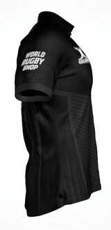Alabama Rugby Alliance Gilbert Pro Fit Jersey by Custom GIL AXI, black short-sleeve with "World Rugby Shop" and "Gilbert" logos on sleeve and chest, shown from side. Pre-order—ships after order collection ends 8/1 and production is complete.