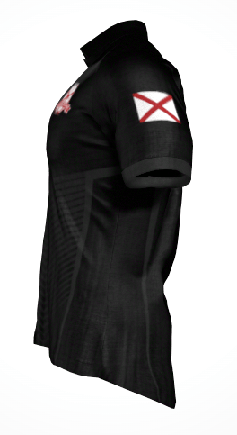 Side view of the Alabama Rugby Alliance Gilbert Pro Fit Jersey by Custom GIL AXI, featuring a black sports design with a red and white cross emblem on the sleeve, available for pre-order until 1/24.