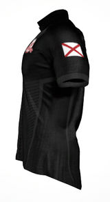 Side view of the Alabama Rugby Alliance Gilbert Pro Fit Jersey by Custom GIL AXI, featuring a black sports design with a red and white cross emblem on the sleeve, available for pre-order until 1/24.