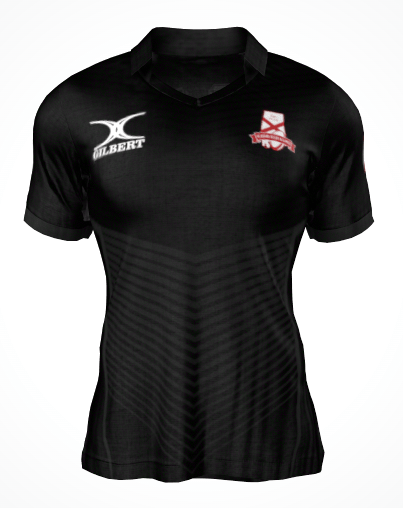 Alabama Rugby Alliance Gilbert Pro Fit Jersey by Custom GIL AXI—black with short sleeves, features white Gilbert logo (right chest) and red/white team crest (left). Pre-order only; orders close 8/1. Extra production time applies.