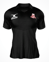 Alabama Rugby Alliance Gilbert Pro Fit Jersey by Custom GIL AXI—black with short sleeves, features white Gilbert logo (right chest) and red/white team crest (left). Pre-order only; orders close 8/1. Extra production time applies.